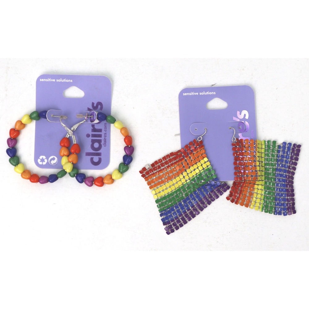 Claire's Earring Set Womens OS Rainbow NEW Heart Hoop Square Mesh Pride 2 Pack